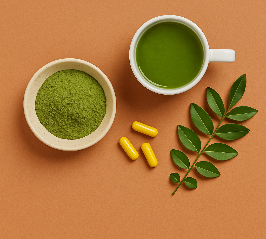 Natural energy boosters including green tea, plant-based supplements, B vitamin capsules, and green leaves arranged on a clean surface, symbolizing clean and sustainable vitality.