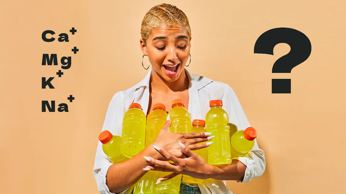 woman holding a lot of sugary sports drinks