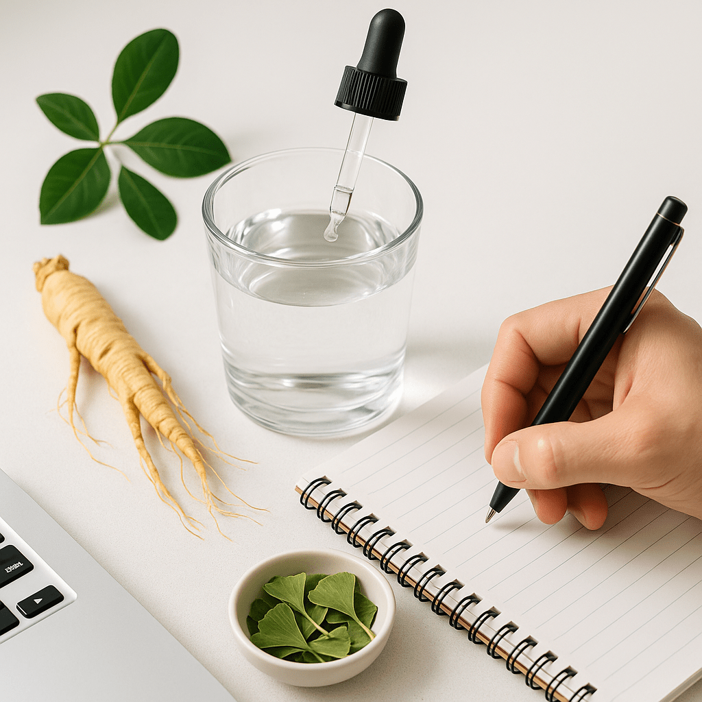 Natural brain performance enhancers for focus and productivity, including ginseng, ginkgo biloba, hydration drops, and electrolytes on a minimalist workspace.