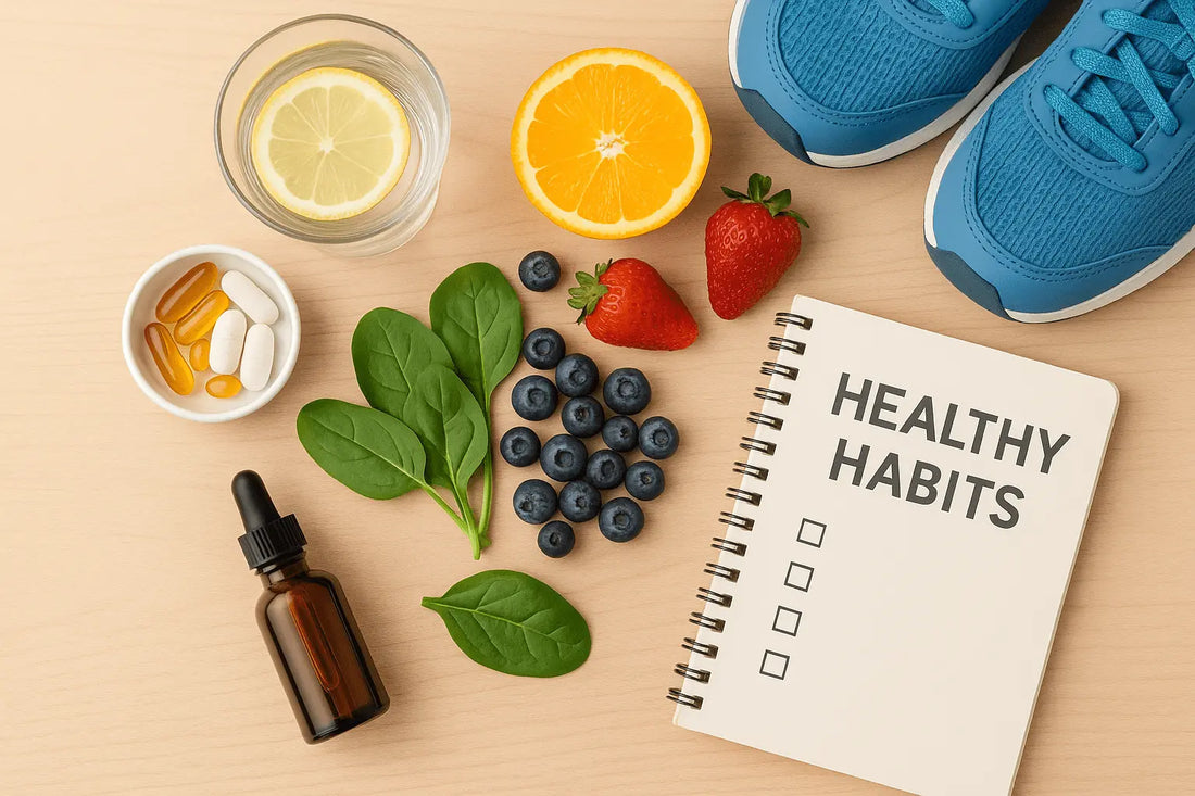 Flat lay of immune-boosting essentials including lemon water, fresh fruits, supplements, a dropper bottle, running shoes, spinach leaves, and a notebook labeled 'Healthy Habits' on a wooden surface."