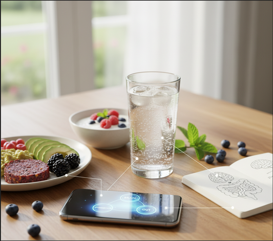 Diagram illustrating the gut-brain-hydration connection, showing a stylized brain, the human gut with microbiome bacteria, and a glass of water, all linked in a three-way feedback loop.