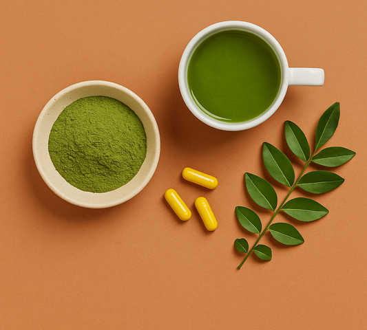 Natural energy boosters including green tea, plant-based supplements, B vitamin capsules, and green leaves arranged on a clean surface, symbolizing clean and sustainable vitality.