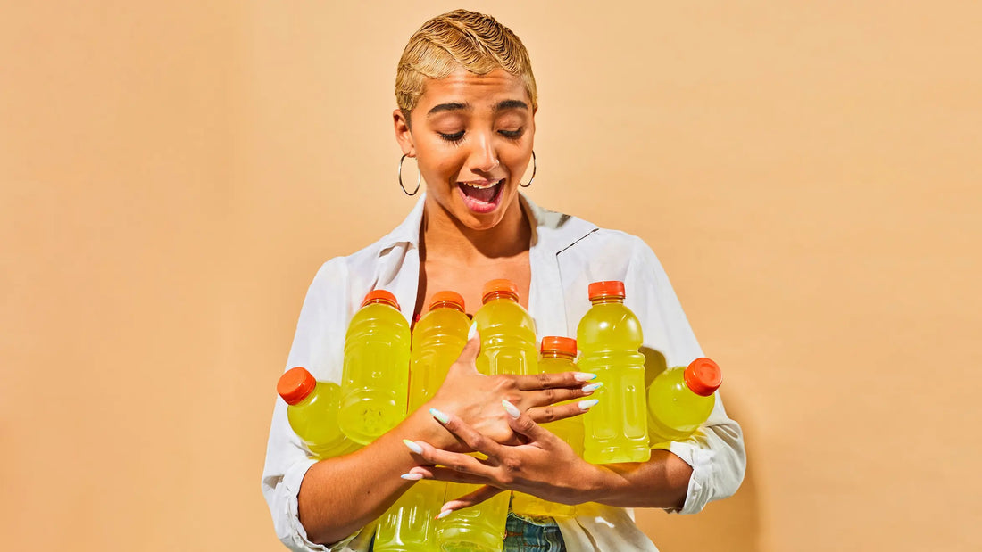 Smiling woman holding several bottles of bright yellow sports drinks, appearing surprised and delighted against an orange background.