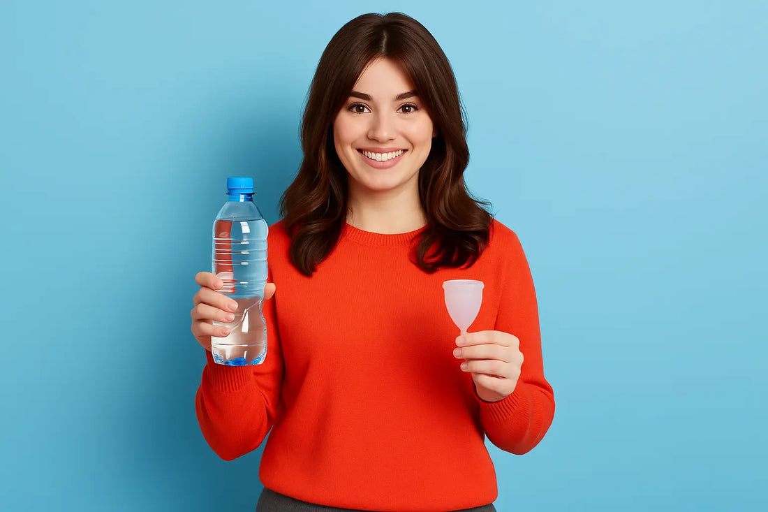 Smiling woman holding a water bottle and a menstrual cup against a blue background, illustrating hydration and menstrual cycle wellness.