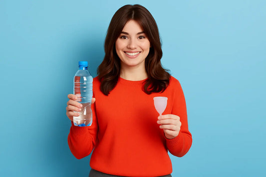 Smiling woman holding a water bottle and a menstrual cup against a blue background, illustrating hydration and menstrual cycle wellness.