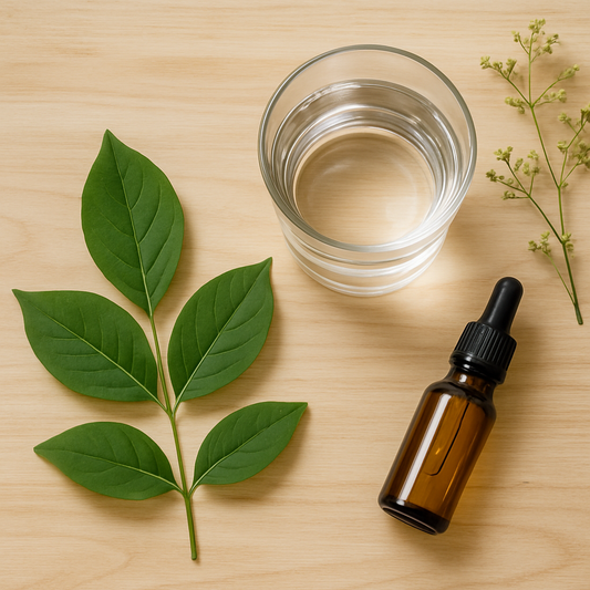 Glass of water, natural green leaves, and a dropper bottle arranged on a wooden surface to represent clean-label, natural electrolyte hydration.