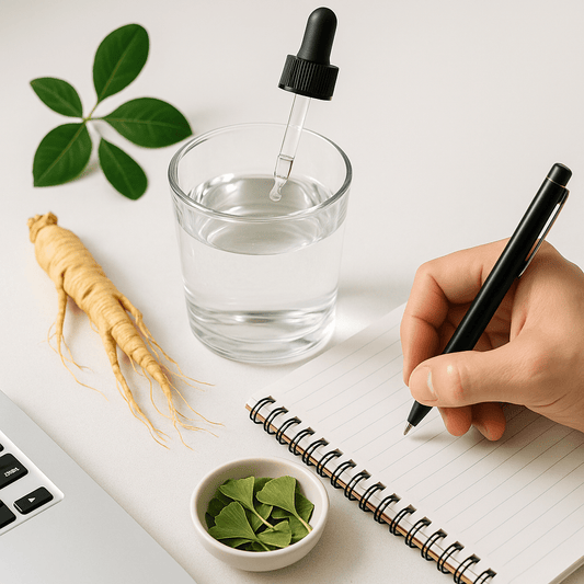 Natural brain performance enhancers for focus and productivity, including ginseng, ginkgo biloba, hydration drops, and electrolytes on a minimalist workspace.