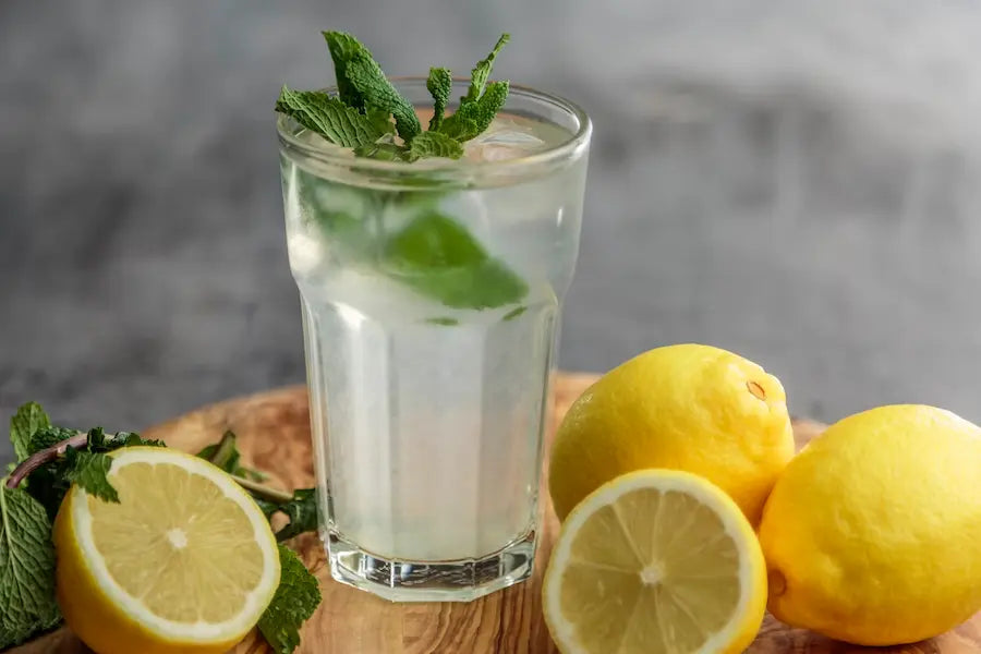 Glass of water with lemon and mint.
