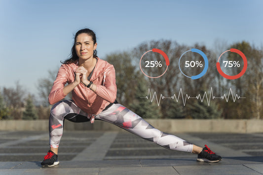 Woman doing dynamic stretching outdoors in athletic wear, with energy and heart rate progress graphics overlayed, promoting sustainable fitness and hydration.