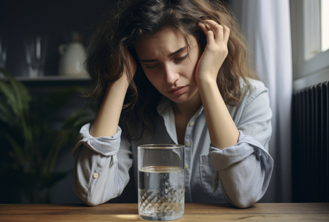 Fatigued woman sitting at a table with a glass of water, highlighting the hidden link between dehydration and low energy levels.