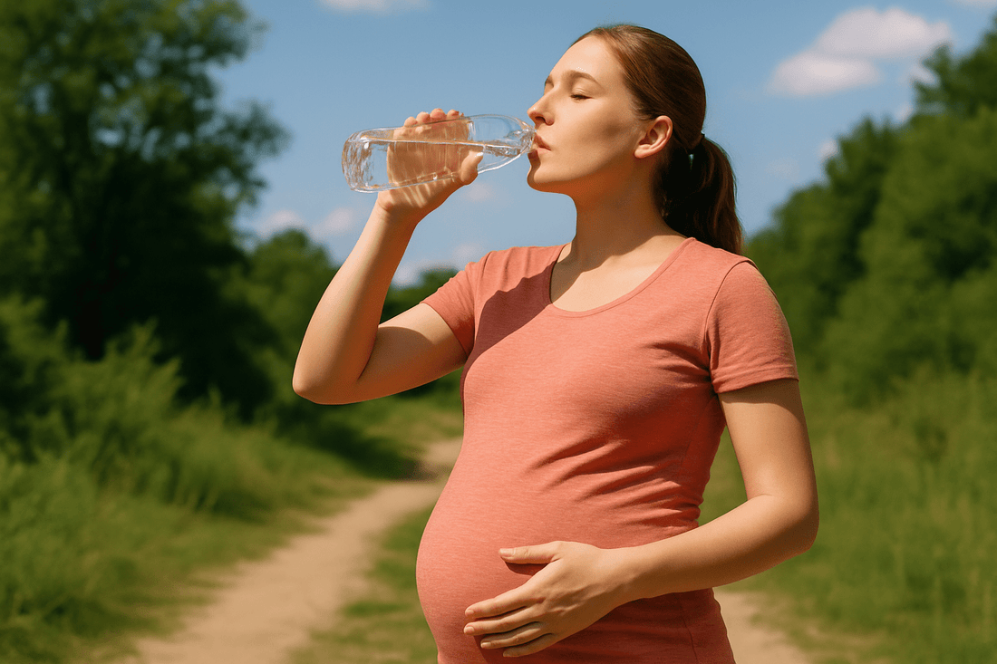 Pregnant woman drinking water outdoors, emphasizing the importance of hydration and electrolytes during pregnancy.